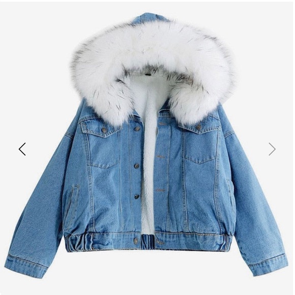 Denim hooded jacket with fur hood (detachable) - Picture 1 of 3